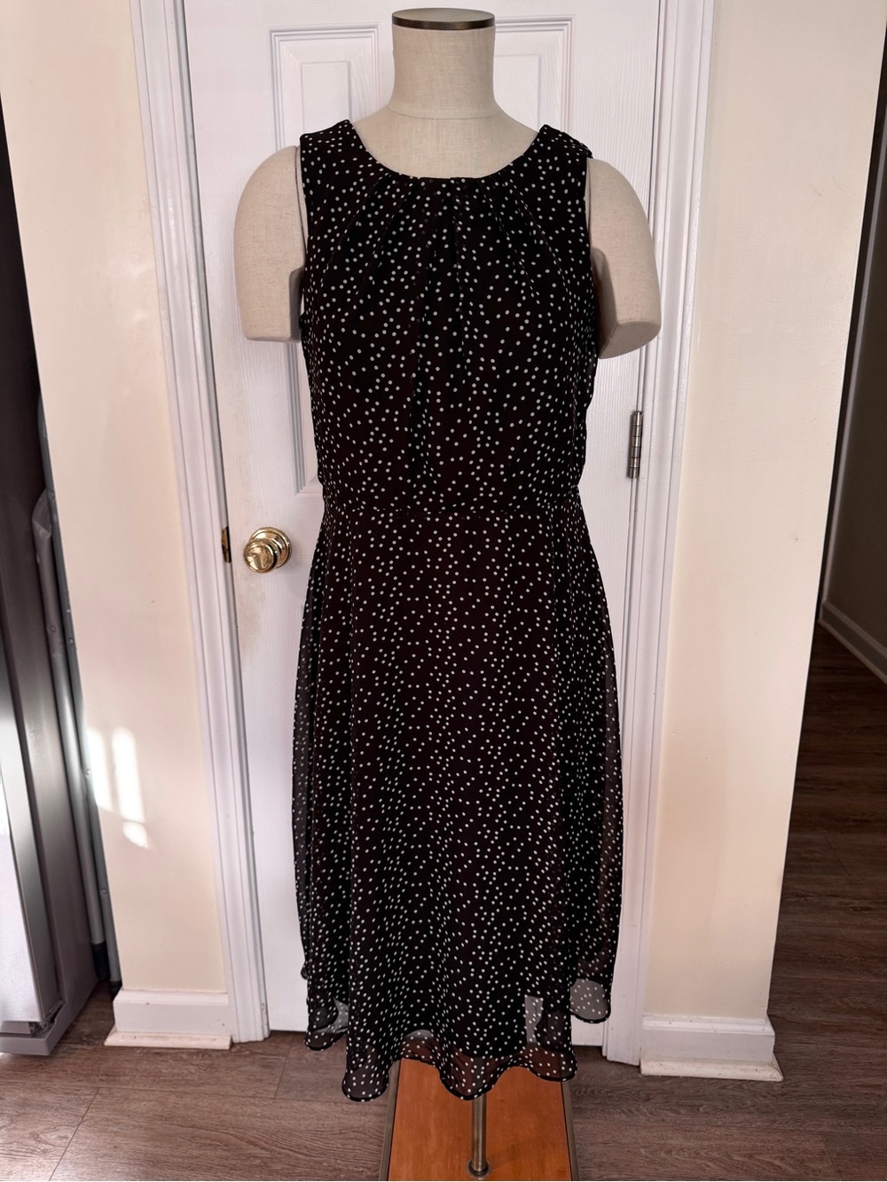 Always Indigo Black White Polka Dot Sleeveless Midi Dress | Lined | Size Large